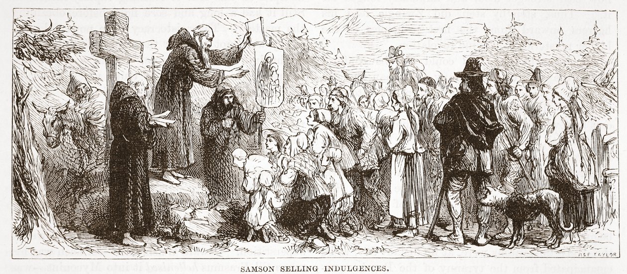 Samson verkoopt aflaten, illustratie uit De Geschiedenis van het Protestantisme door James Aitken Wylie, 1878 door English School