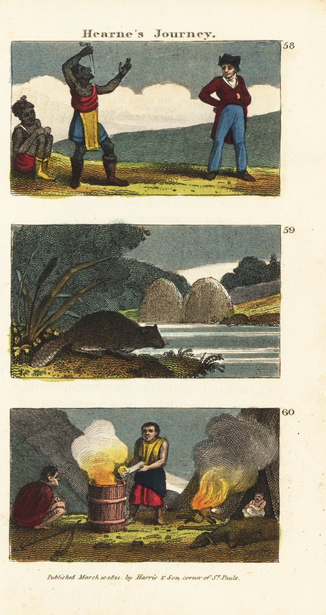 Samuel Hearne kijkt naar een zwaardenslikker van de inheemse bevolking, Noord-Amerikaanse bever, Castor canadensis en Indianen koken water in een houten vat met hete stenen door English School
