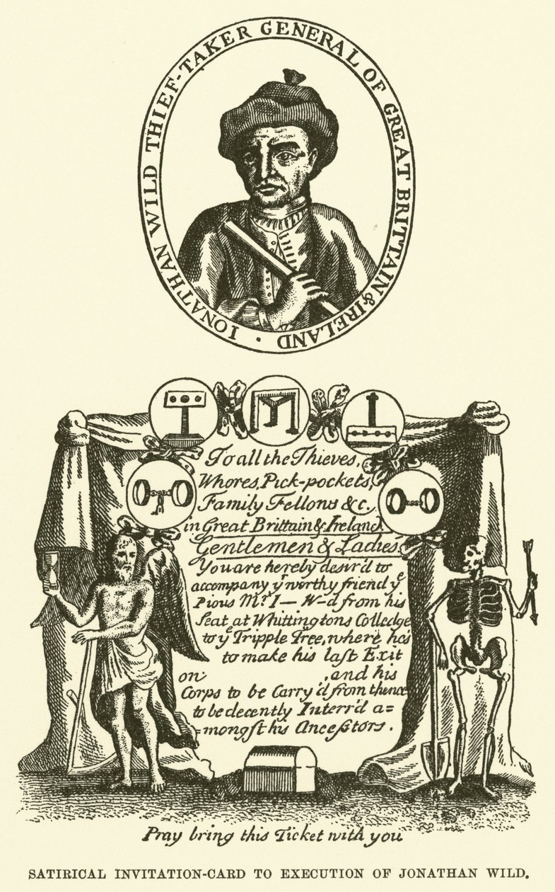 Satirische uitnodigingskaart voor de executie van Jonathan Wild (gravure) door English School