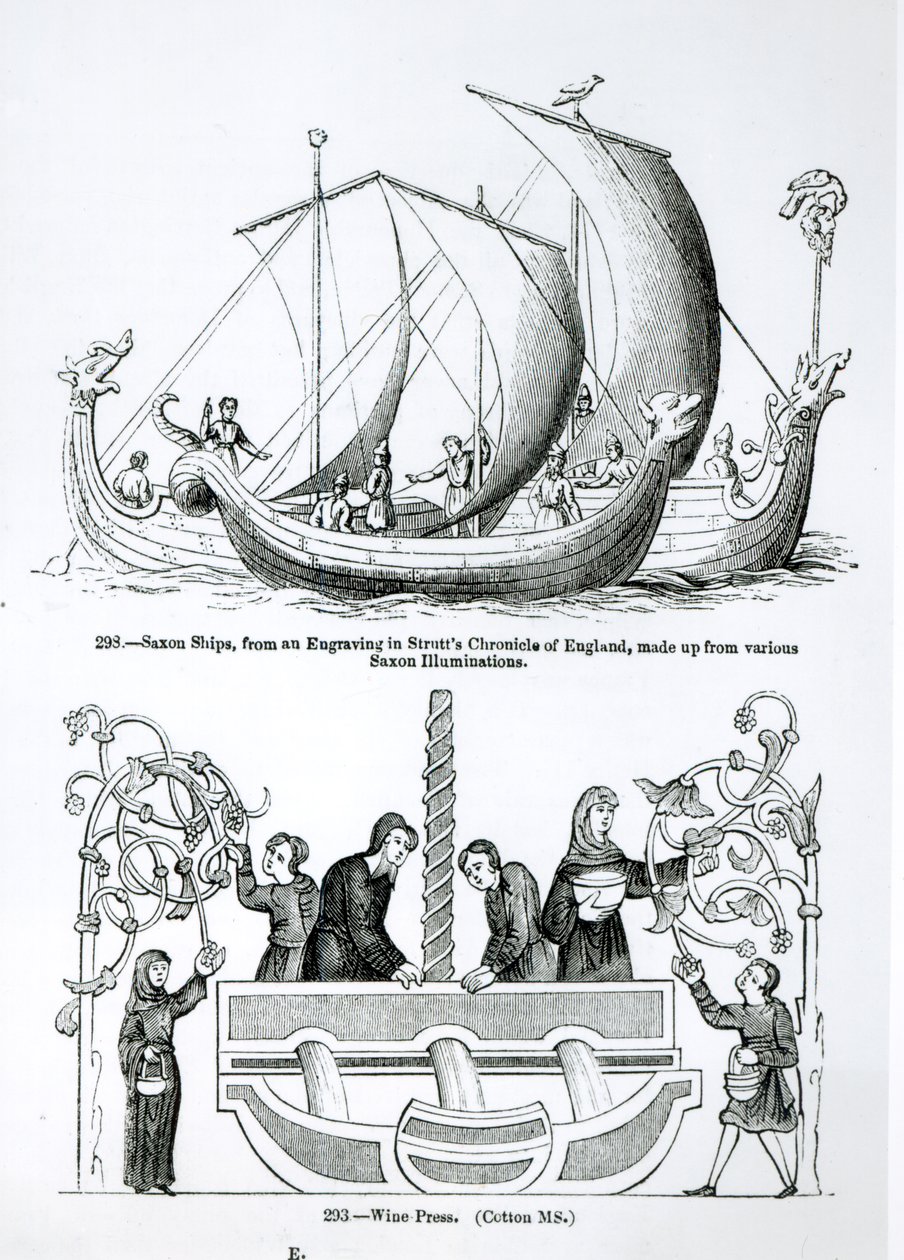 Saksisch schip, van een gravure in Strutts Chronicle of England en een wijnpers door English School