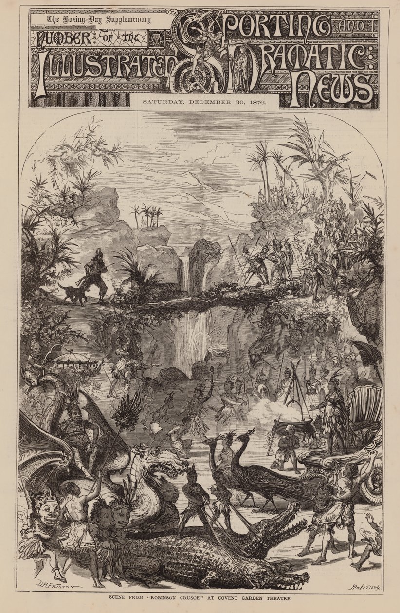 Scène uit "Robinson Crusoe" in Covent Garden Theatre (gravure) door English School