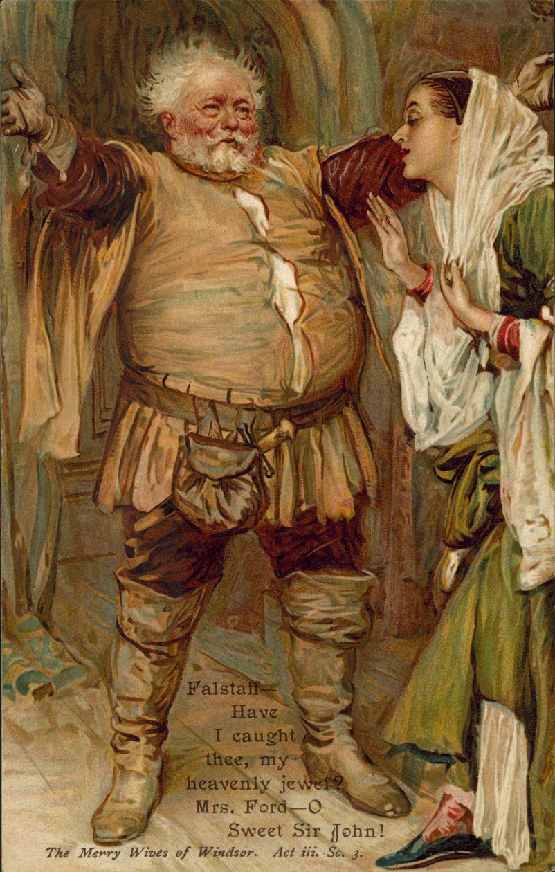 Scène uit de Vrolijke Vrouwen van Wndsor door William Shakespeare (kleurenlitho) door English School