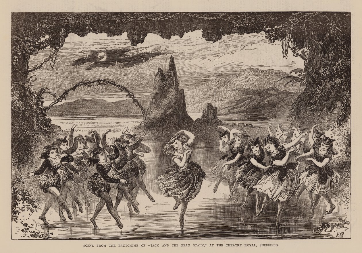 Scène uit de pantomime van "Jack and The Bean Stalk," in het Theatre Royal, Sheffield (gravure) door English School