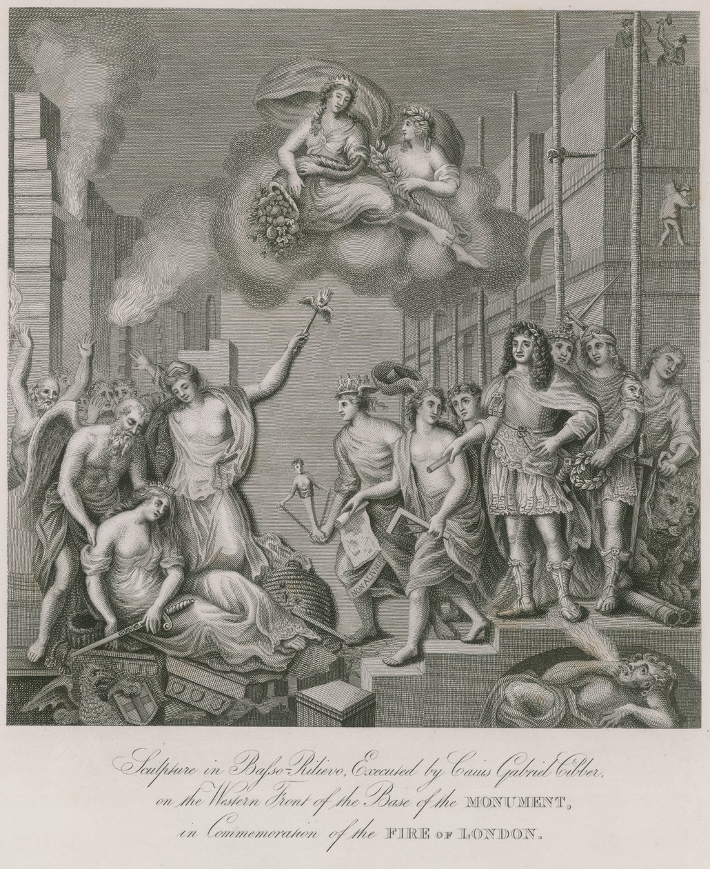Beeldhouwwerk in basso relievo op de westelijke voorzijde van de voet van het Monument (gravure) door English School