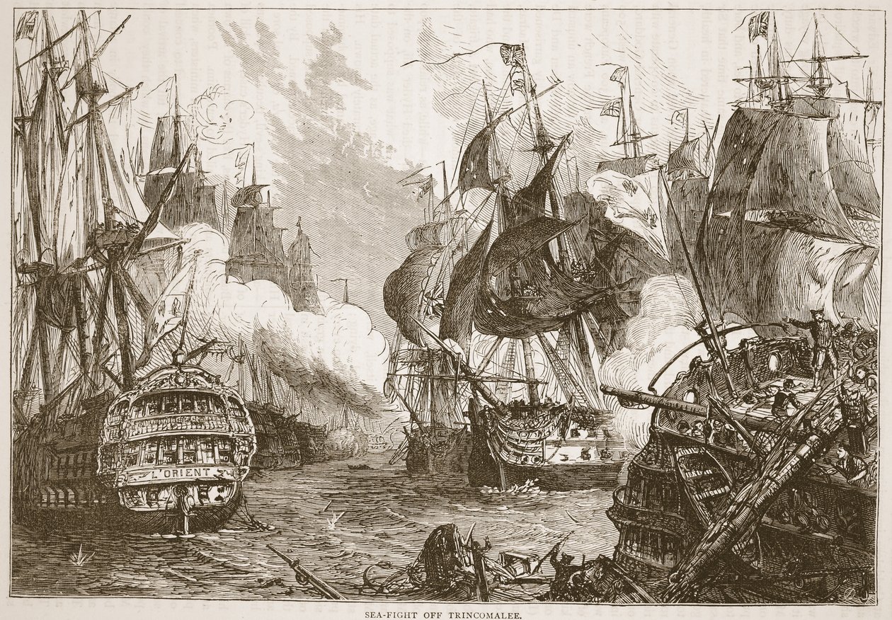 Zeeslag bij Trincomalee, illustratie uit Cassells Geïllustreerde Geschiedenis van India door James Grant, uitgegeven 1879 door English School