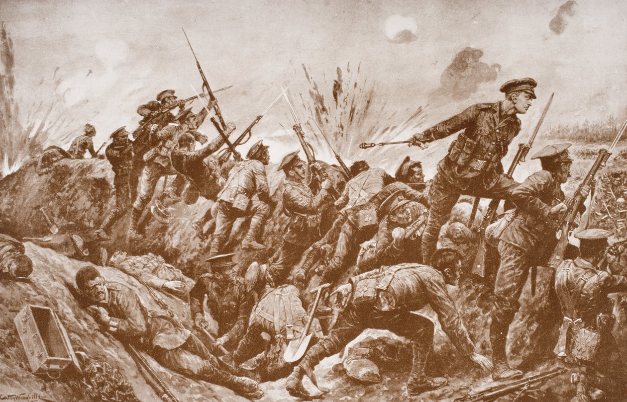 Tweede-Luitenant G.H. Woolley in de verdediging van Hill 60 met zijn mannen door English School
