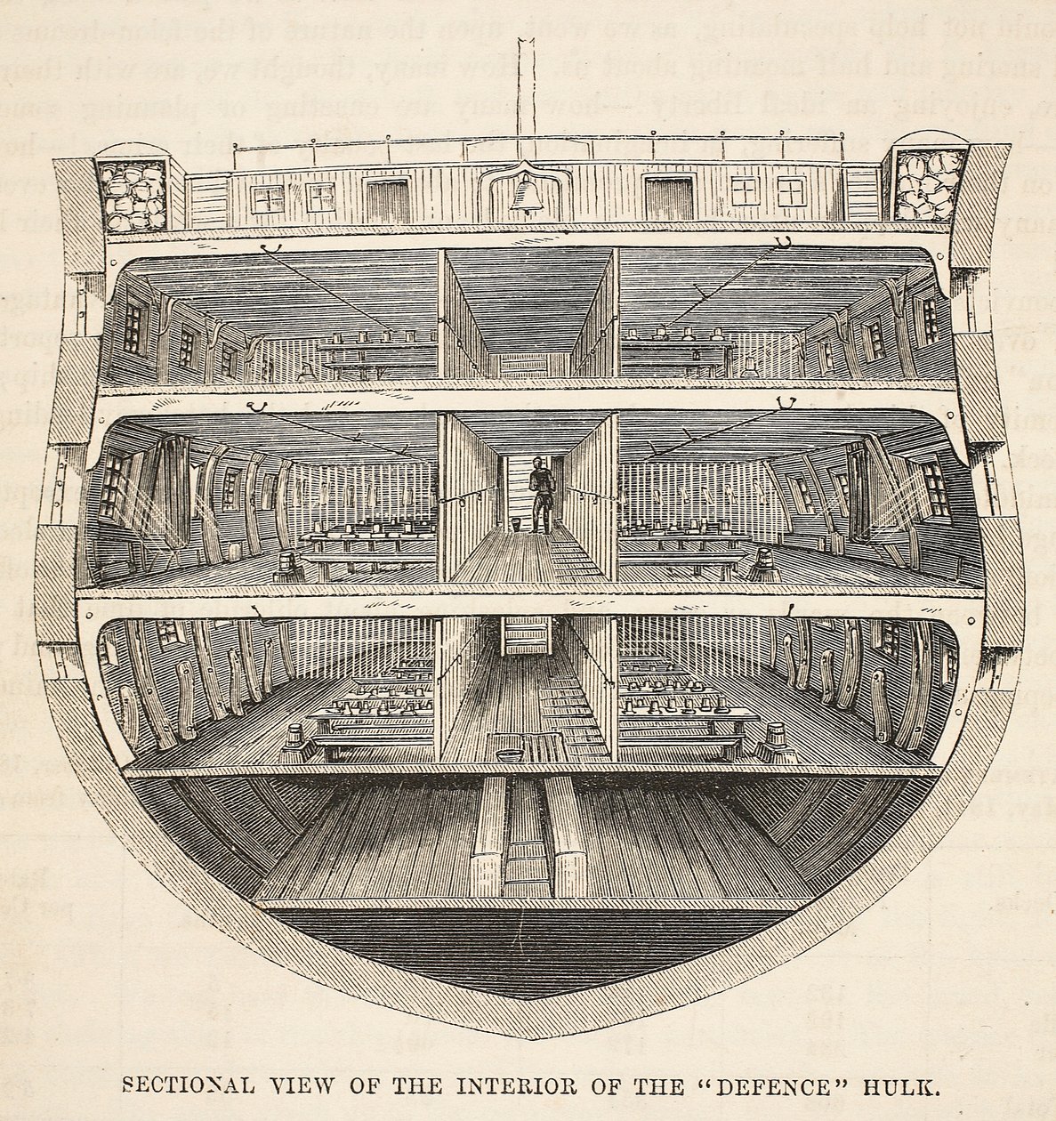 Doorsnede van het interieur van de Defence hulk, illustratie uit The Criminal Prisons of London and Scenes from Prison Life door Henry Mayhew en John Binny, uitgegeven in 1862 door English School