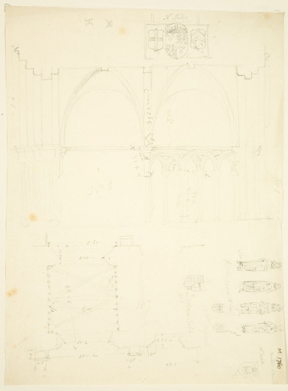 Serie schetsen van Abbey Gatehouse en de kathedraal van Bristol door English School