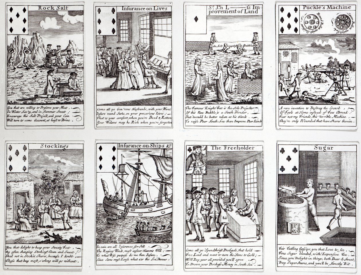 Set speelkaarten met satirische scènes van huidige commerciële ondernemingen en investeringen, ca. 1720 door English School
