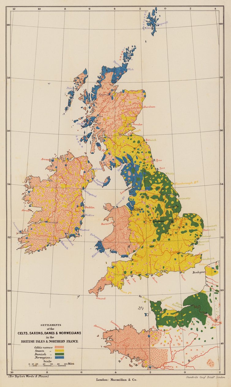 Namen van nederzettingen op de Britse eilanden en in Noord-Frankrijk (kleurenlitho) door English School
