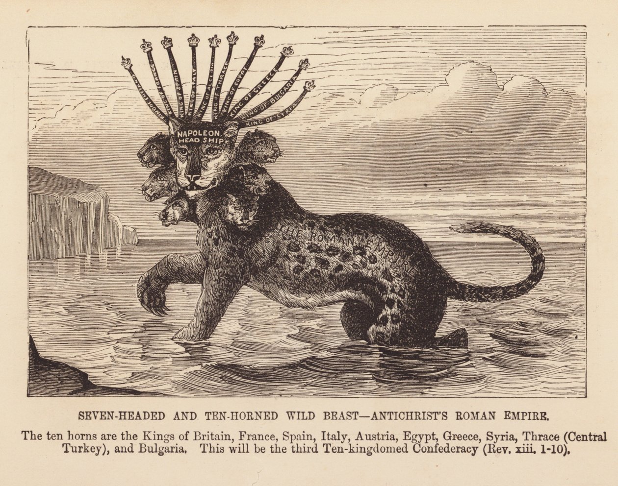 Zevenkoppig en tienhoornig wild beest (gravure) door English School