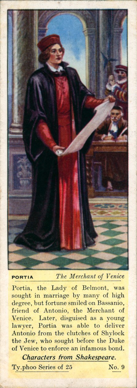 Shakespeare personages: Portia, De koopman van Venetië (kleurenlitho) door English School