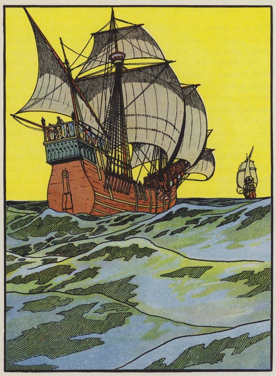 Schepen van Christoffel Columbus steken de Atlantische Oceaan over (kleurenlitho) door English School
