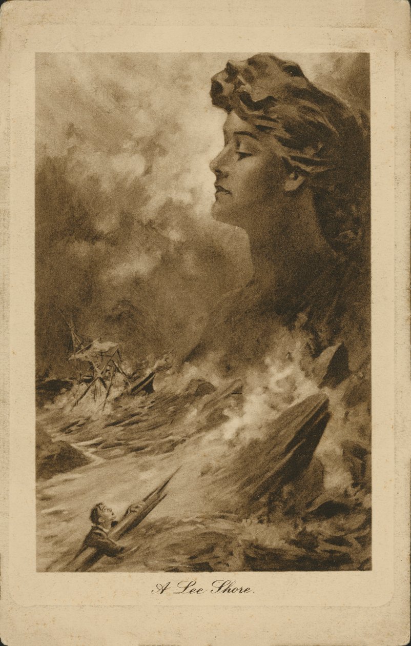 Overlevenden van een schip worstelen naar een lijzijde (litho) door English School