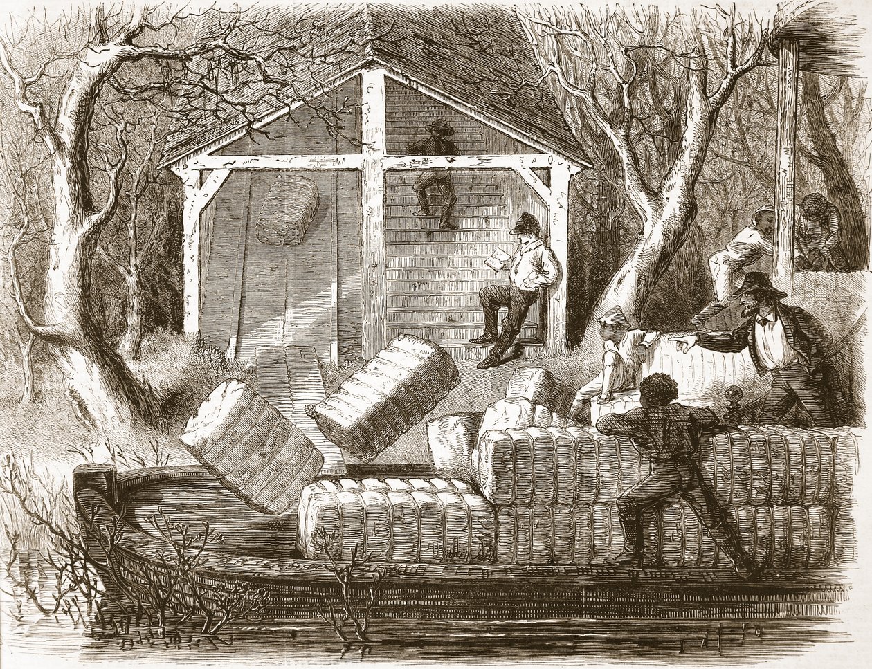 Schieten van Cottin-balen in het voorste deel van de rivier-stoomboot Magnolia, illustratie uit The Illustrated London News, 1861 door English School