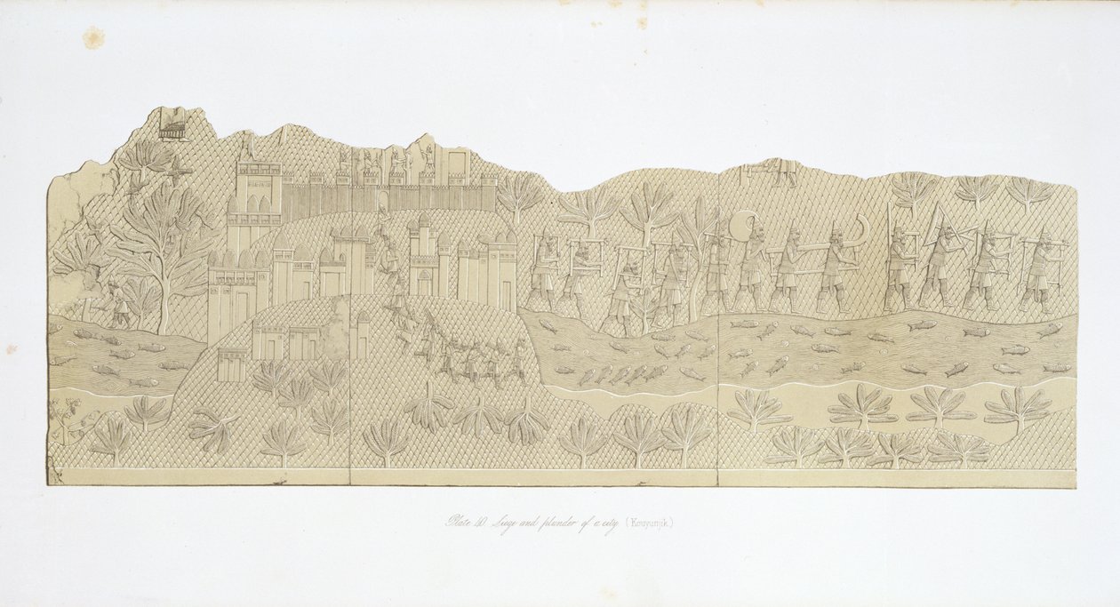 Belegering en plundering van een stad, Koujunjik, plaat 40 uit Nineveh en zijn overblijfselen door Austen Henry Layard (1817-94) gepubliceerd 1849 door English School