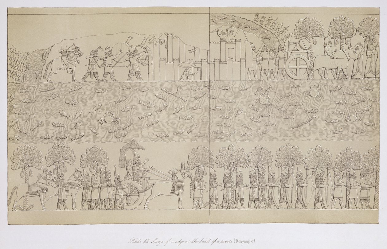 Belegering van een stad aan de oever van een rivier, plaat 42 uit Nineveh en zijn Overblijfselen door Austen Henry Layard (1817-94) gepubliceerd 1849 door English School