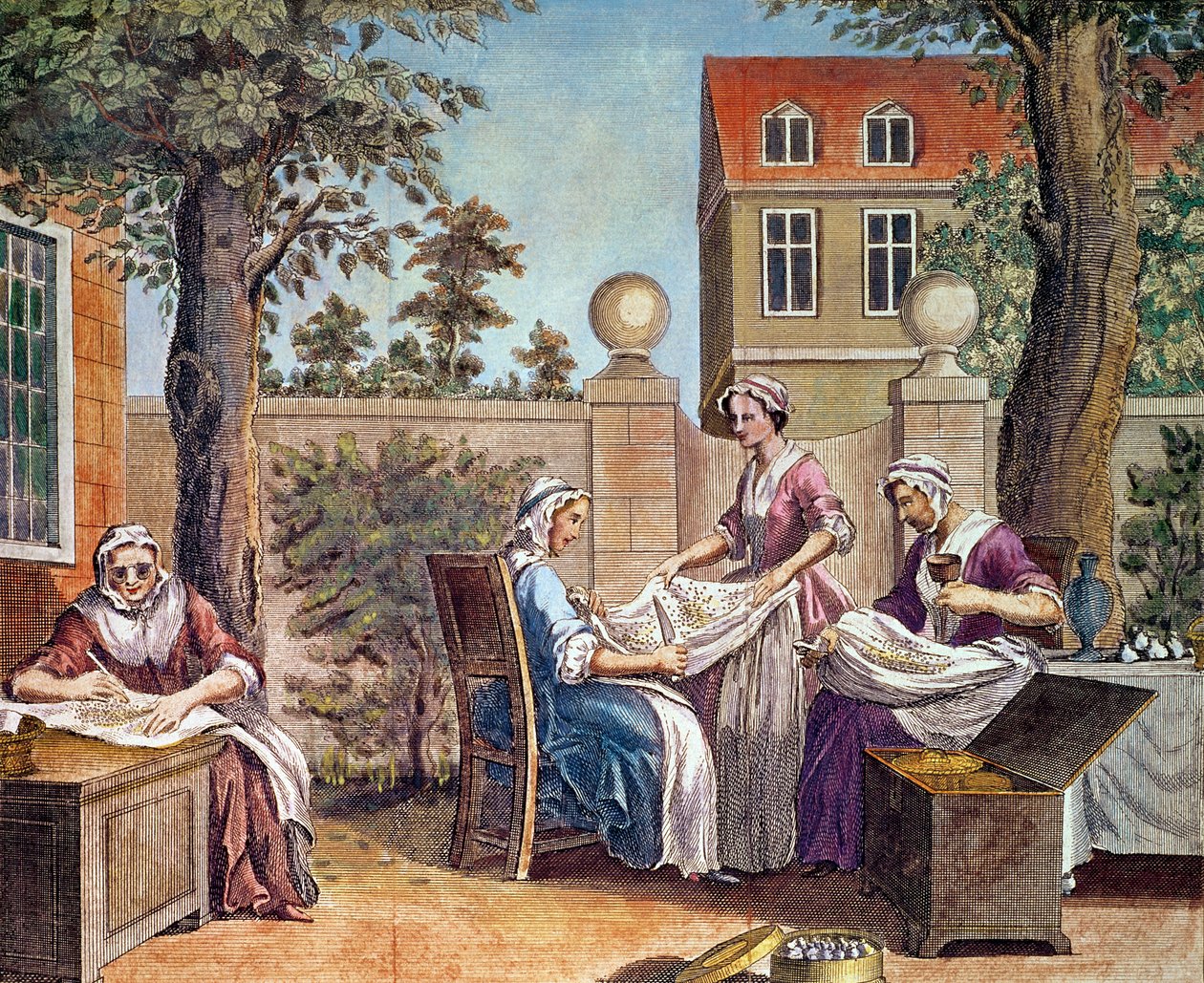 Zijdeproductie, gegraveerd door J. Hinton voor 