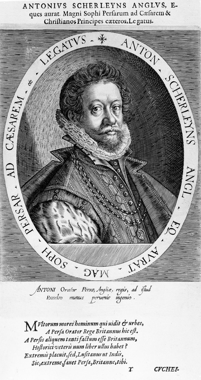 Sir Anthony Sherley (gravure) door English School