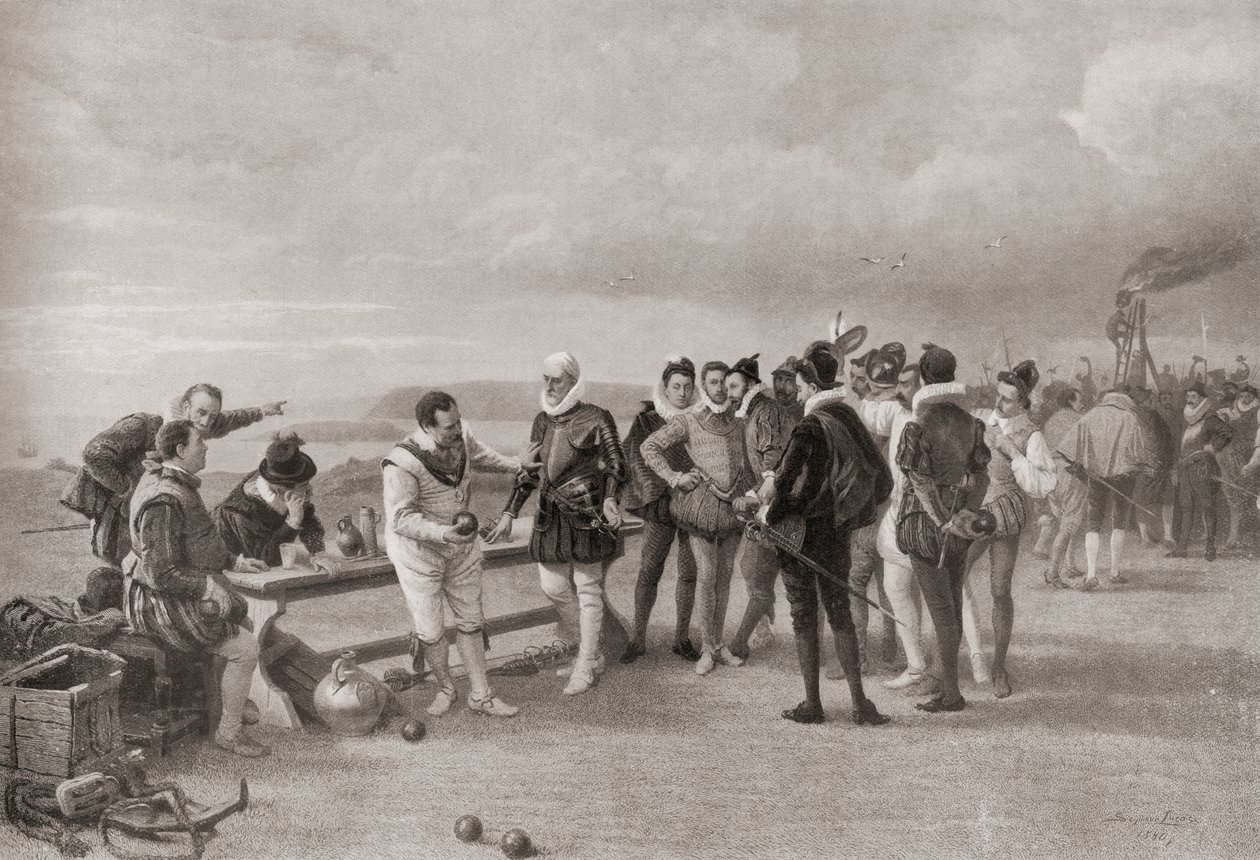 Sir Francis Drake speelt bowls, met de Spaanse Armada in zicht bij Plymouth Hoe, Engeland in 1588 door English School