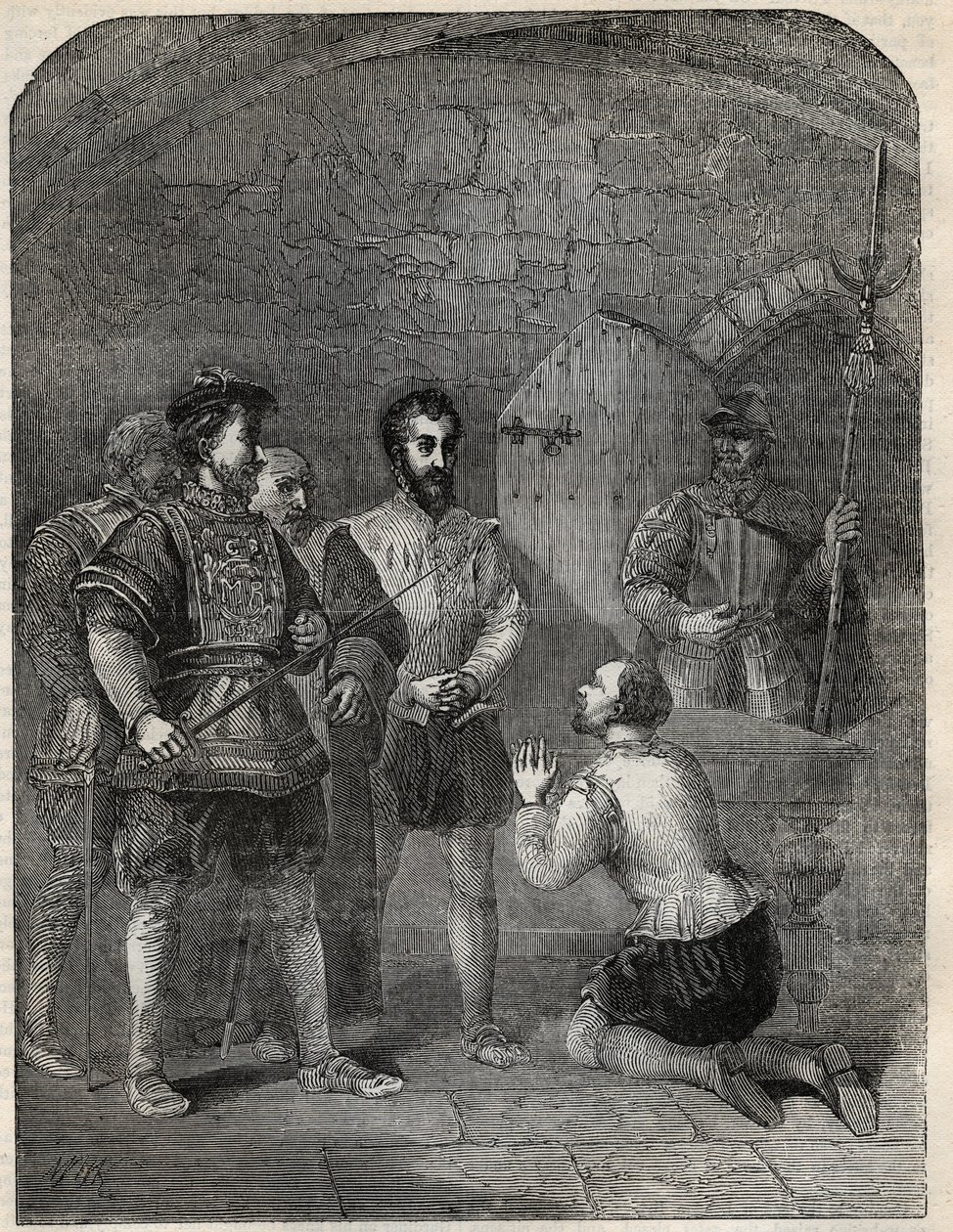 Sir Thomas Wyatt de Jongere (1521-1554) op weg naar zijn executie, plechtig de Prinses Elizabeth en Courtenay vrijpleitend van deelname aan zijn opstand - 1554 - gravure uit 