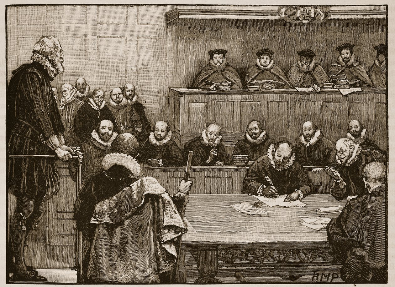 Sir Walter Raleigh voor de rechters, illustratie uit Cassells Geïllustreerde Geschiedenis van Engeland door English School
