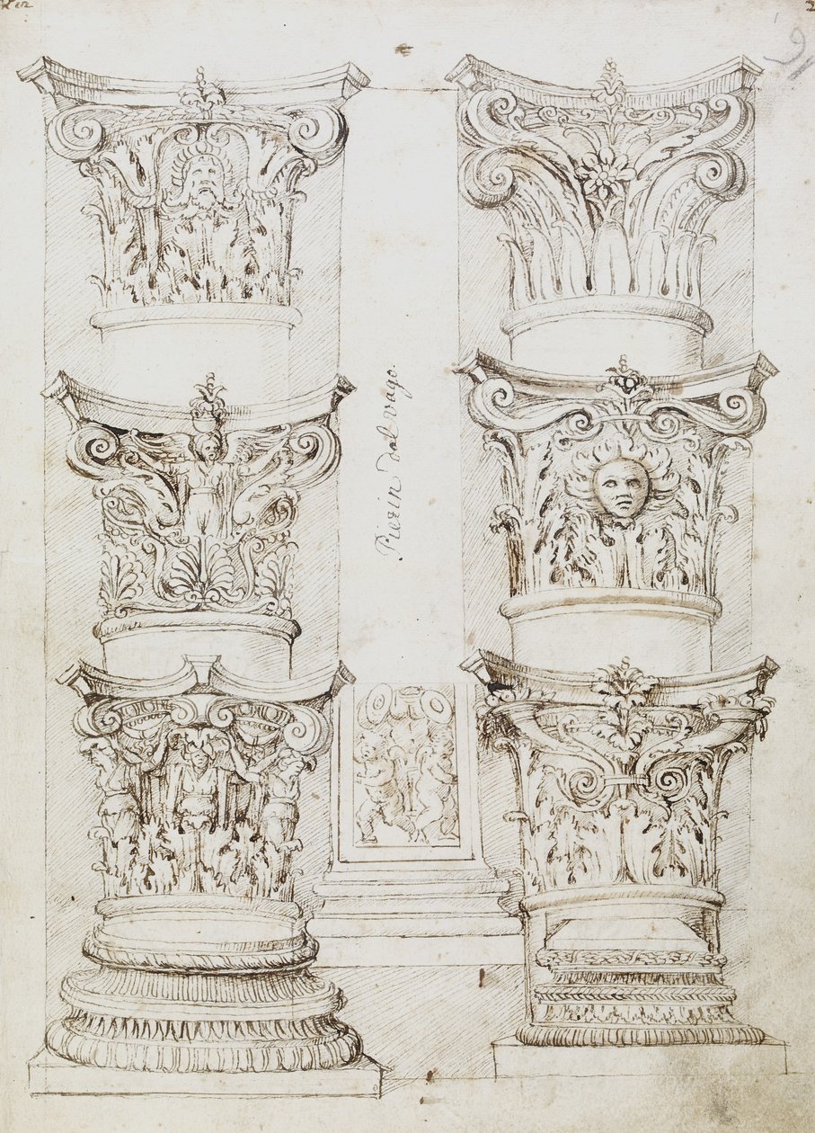 Zes kapitelen, een lesene en twee zuilbasissen, Folio 1, De meester van het Oxford-album, c.1512-17 door English School