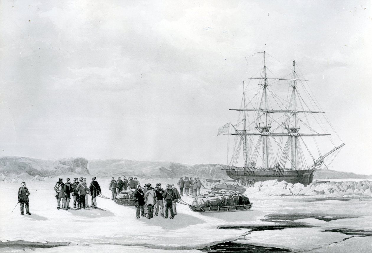 Sledepartij verlaat HMS Investigator in Mercy Bay, onder bevel van luitenant Gurney Creswell (lithografie) door English School