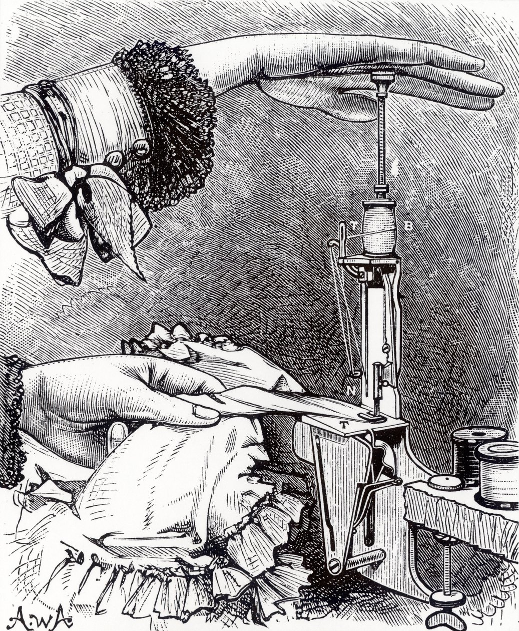 Kleine lockstitch naaimachine, acht inch lang, weegt 8 ons, uit Cassells Family Magazine, gepubliceerd 1886 door English School