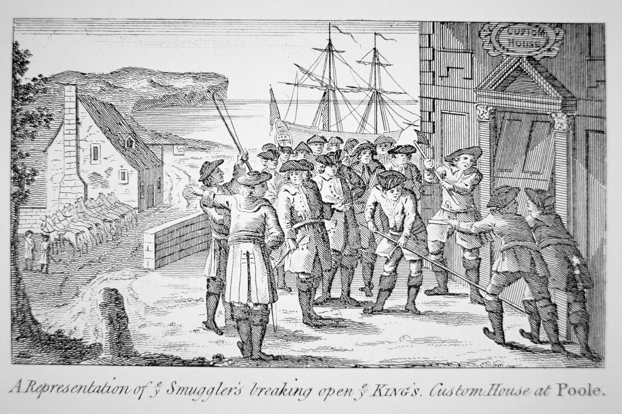 Smokkelaars breken het douanekantoor van de koning open, Poole, Dorset door English School
