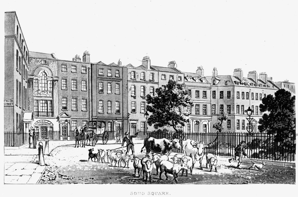 Zuidwestelijke hoek van Soho Square, 1816 door English School