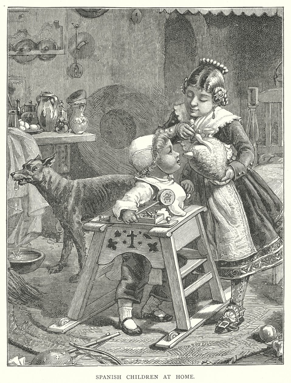 Spaanse kinderen thuis (gravure) door English School
