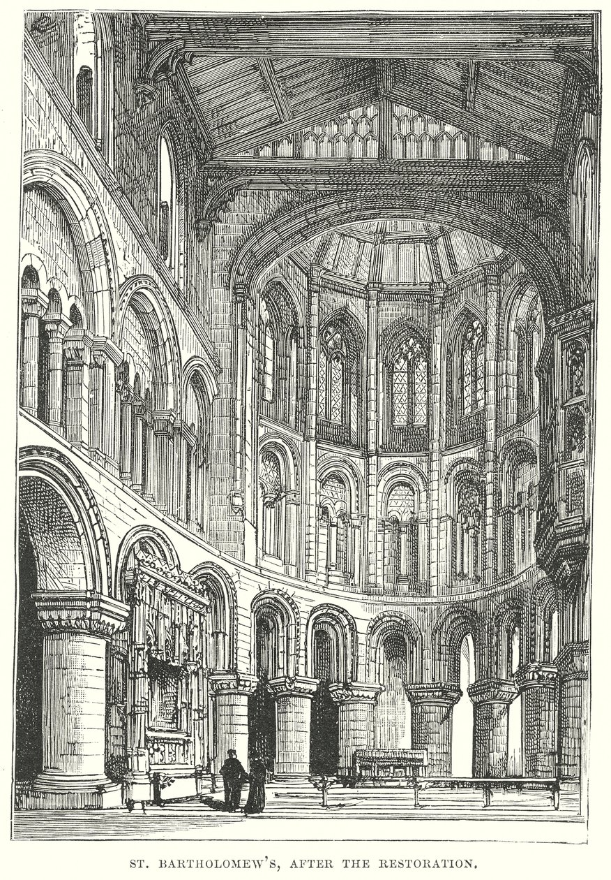 St Bartholomeus, na de Restauratie (gravure) door English School