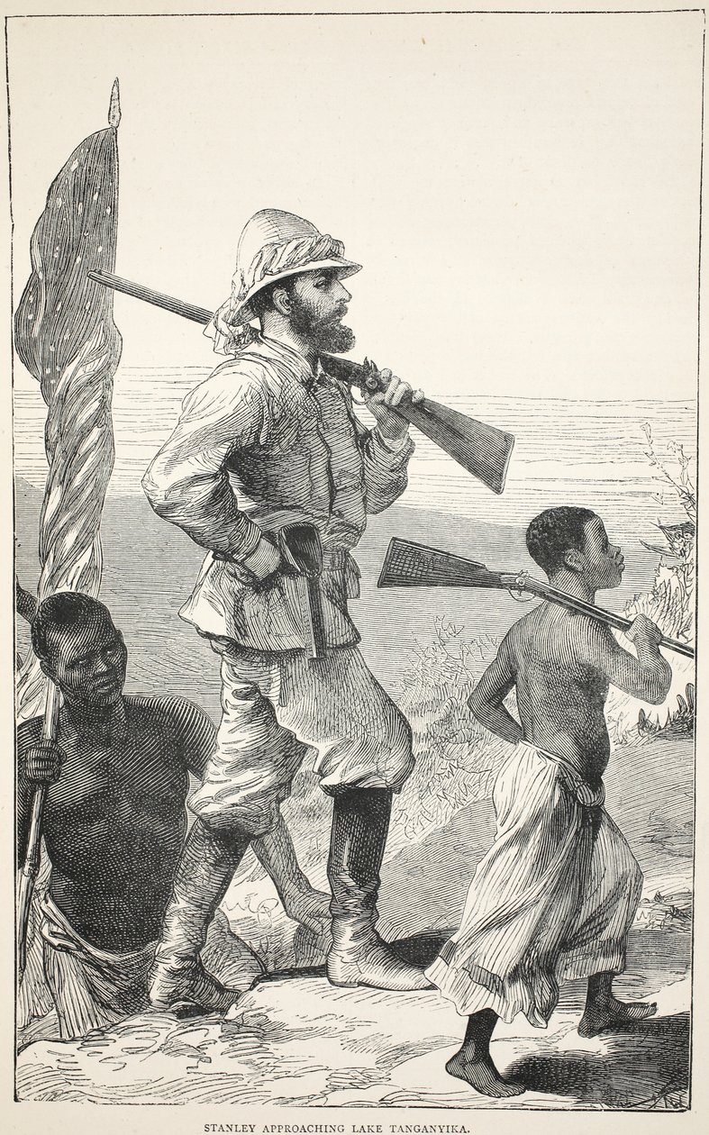 Stanley nadert het Tanganyikameer, illustratie uit De Geïllustreerde Editie van het Leven en de Ontdekkingen van David Livingstone door J. Ewing Richie, uitgegeven door A. Fullarton & Co., 1876 door English School