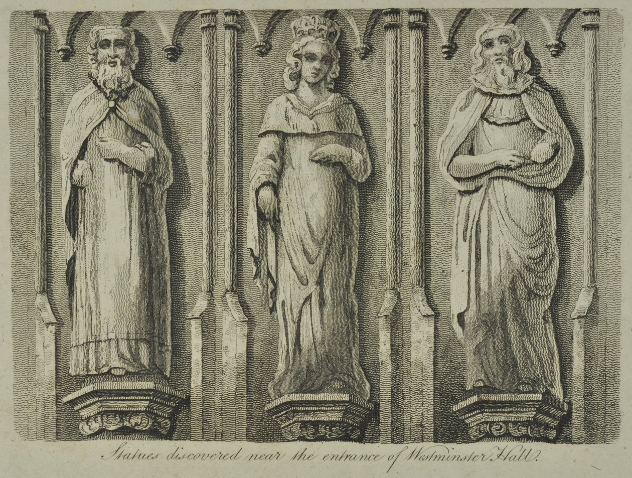 Beelden ontdekt bij de ingang van Westminster Hall, 1807 door English School