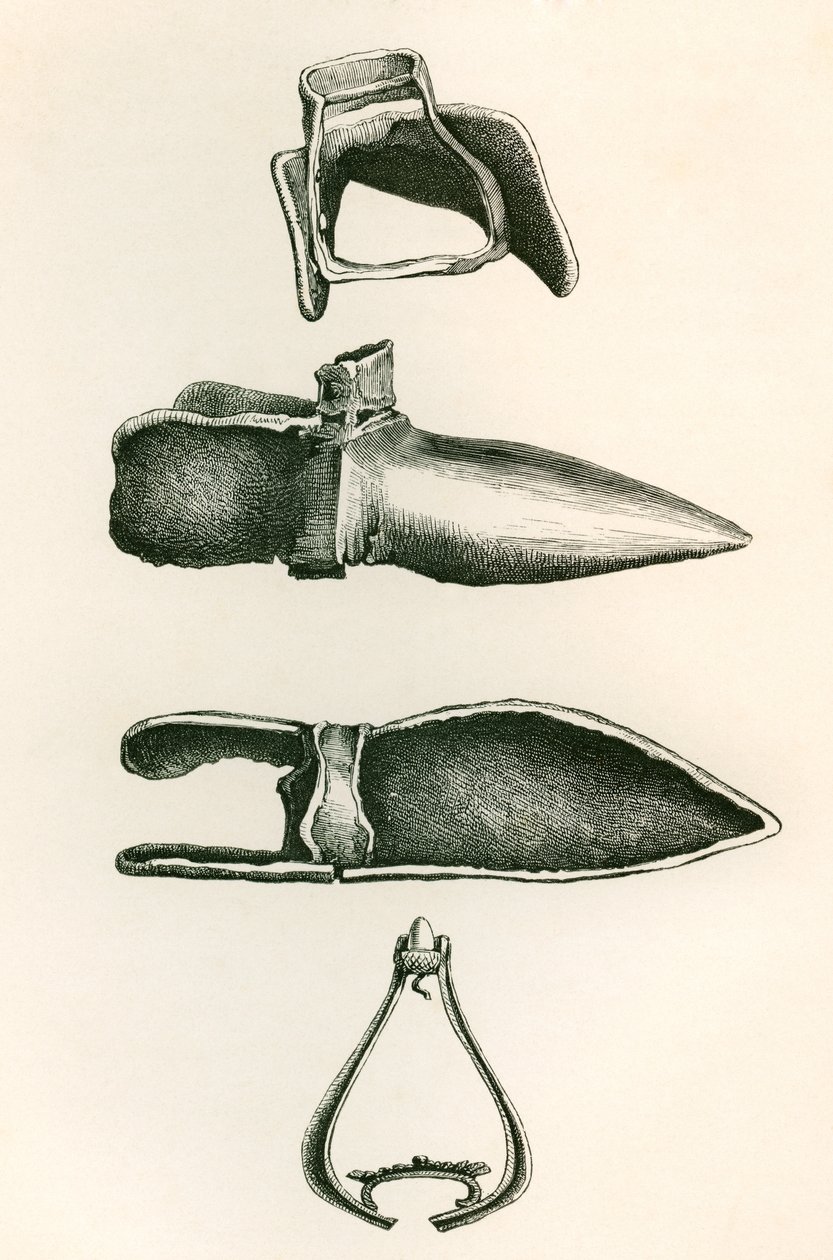 Stijgbeugels en Sollerets, uit The British Army: Its Origins, Progress and Equipment, gepubliceerd 1868. door English School