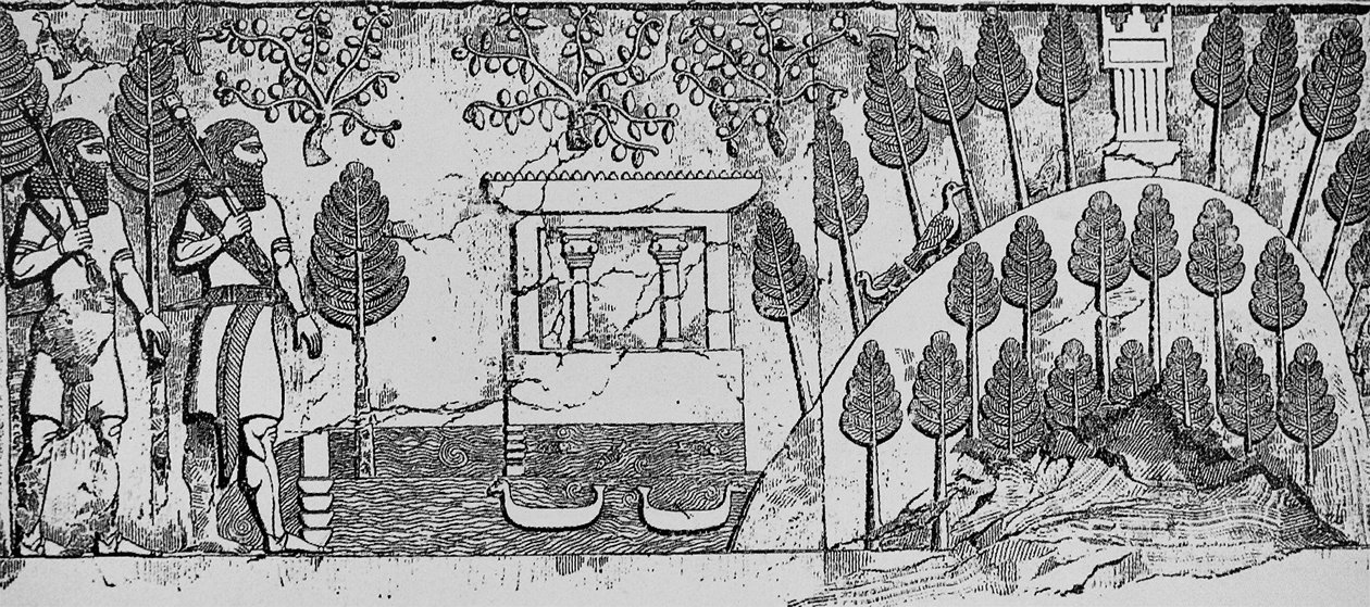 Stenen bas-reliëf van een tempel en kunstmatige heuvel in het park van Sargon II in Khorsabad, ca.715 v.Chr. door English School