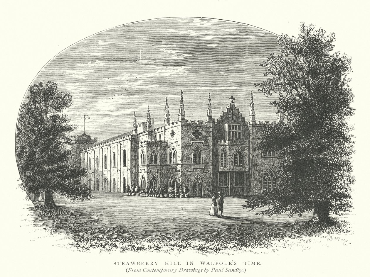 Strawberry Hill in de tijd van Walpole (gravure) door English School