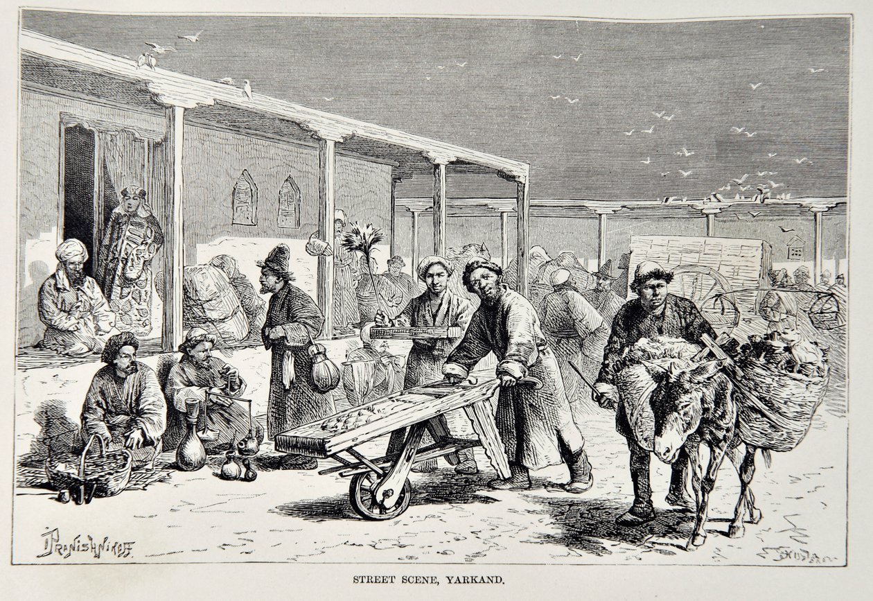 Straatscène, Yarkand, illustratie uit The Universal Geography, the Earth and its inhabitants door Elisee Reclus, uitgegeven 1878 door English School