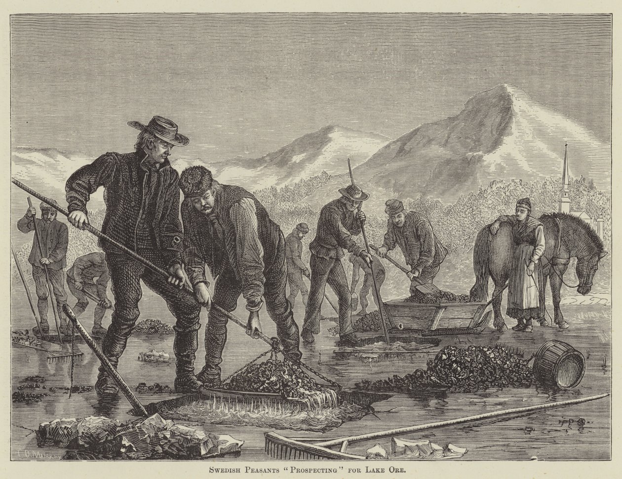 Zweedse boeren "op zoek" naar erts uit het meer (gravure) door English School