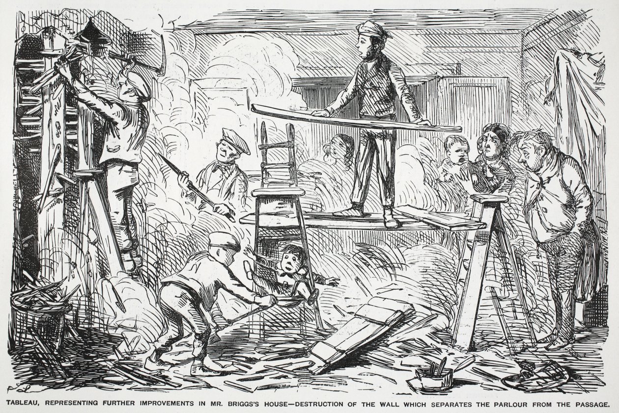 Tableau, die verdere verbeteringen aan het huis van Mr. Briggs vertegenwoordigt - vernietiging van de muur die de salon van de gang scheidt, illustratie uit Punch door English School