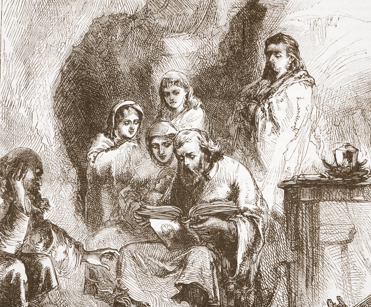 Taborieten die aanbidden in een grot, illustratie uit The History of Protestantism door James Aitken Wylie (1808-1890), gepubliceerd 1878 door English School