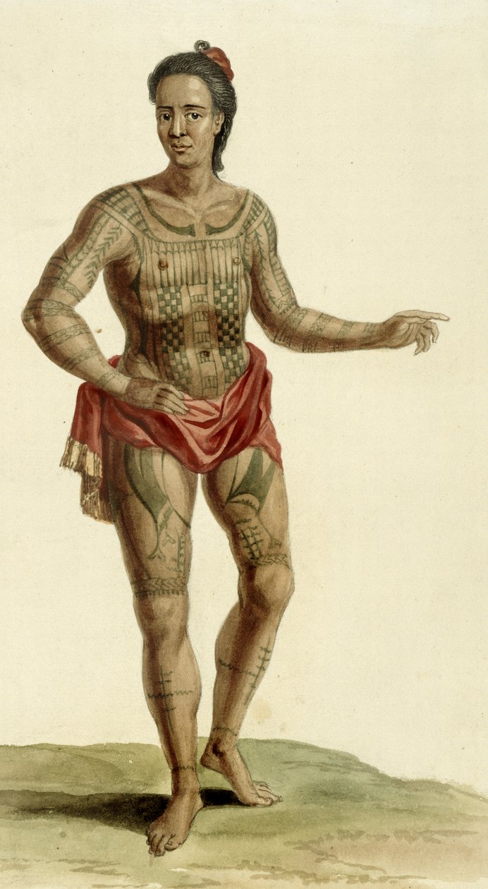 Getatoeëerde Hawaiiaanse krijger, 1824 door English School