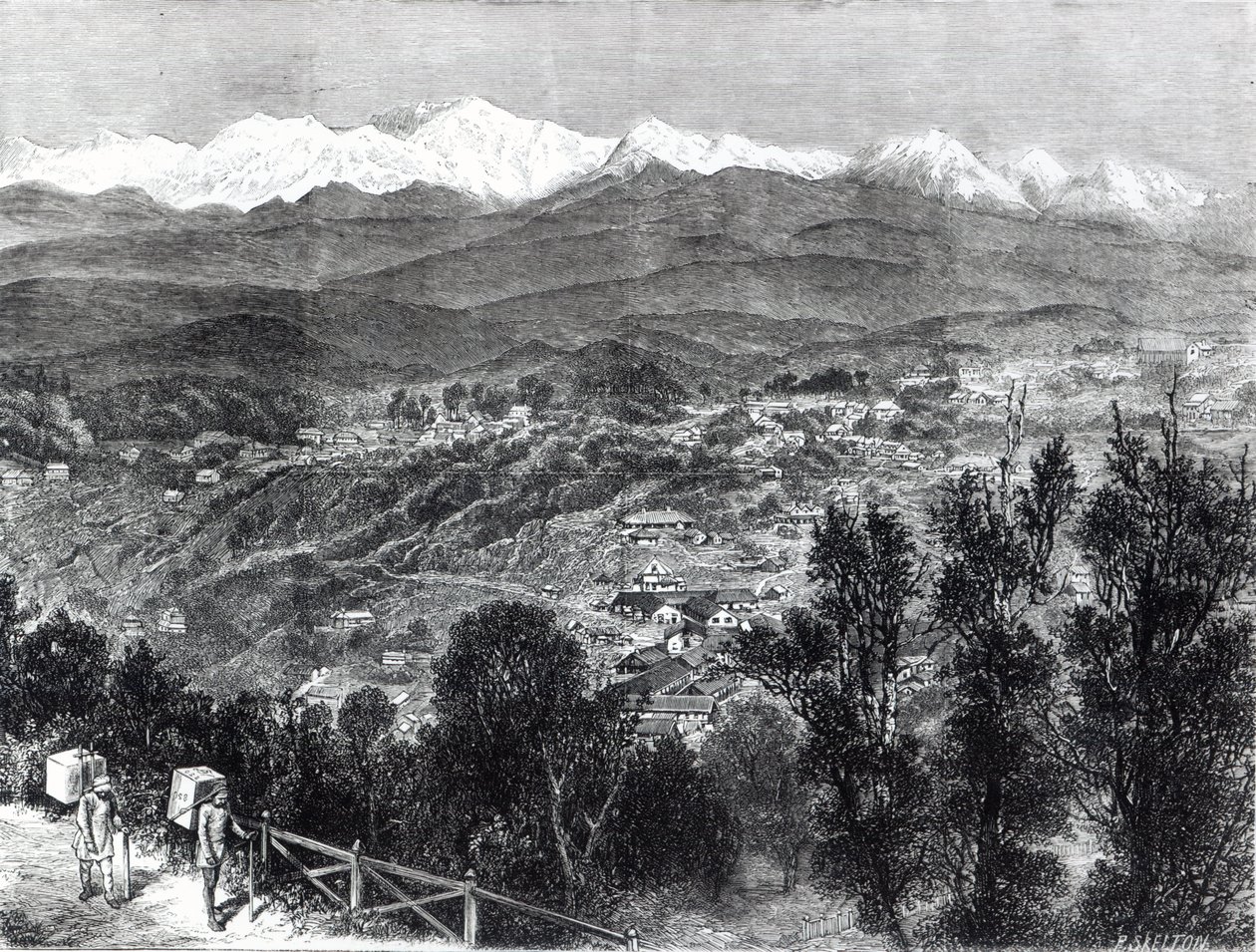 Theecultivatie in Brits-Indië - Uitzicht op Darjeeling vanuit het Zuiden, 1876 door English School