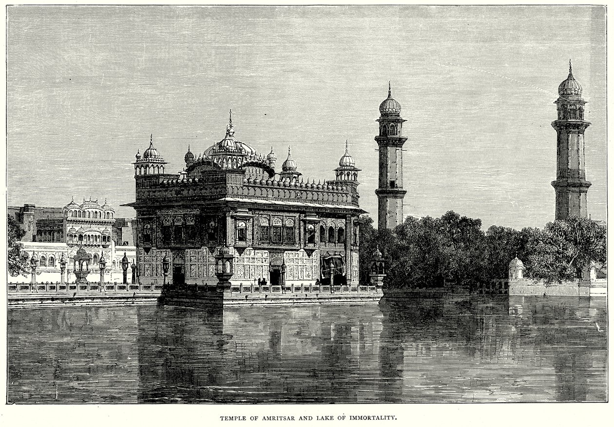 Tempel van Amritsar en Meer van Onsterfelijkheid (gravure) door English School