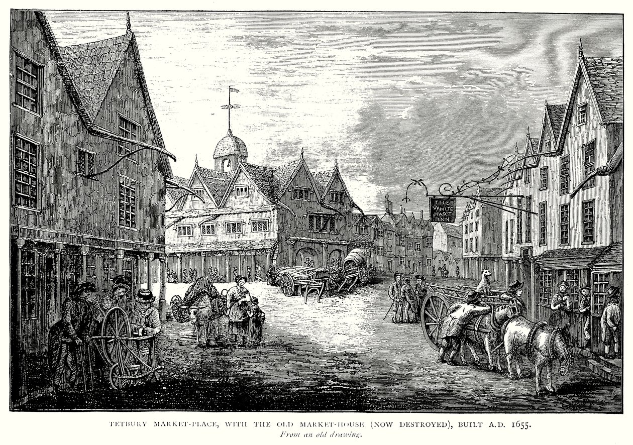 Tetbury Market-Place, met het oude markthuis (nu verwoest), gebouwd in 1655 (gravure) door English School