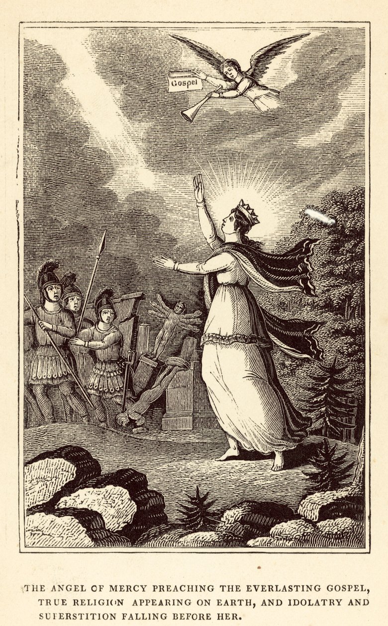 De engel van barmhartigheid predikt het eeuwige evangelie, ware religie verschijnt op aarde (gravure) door English School