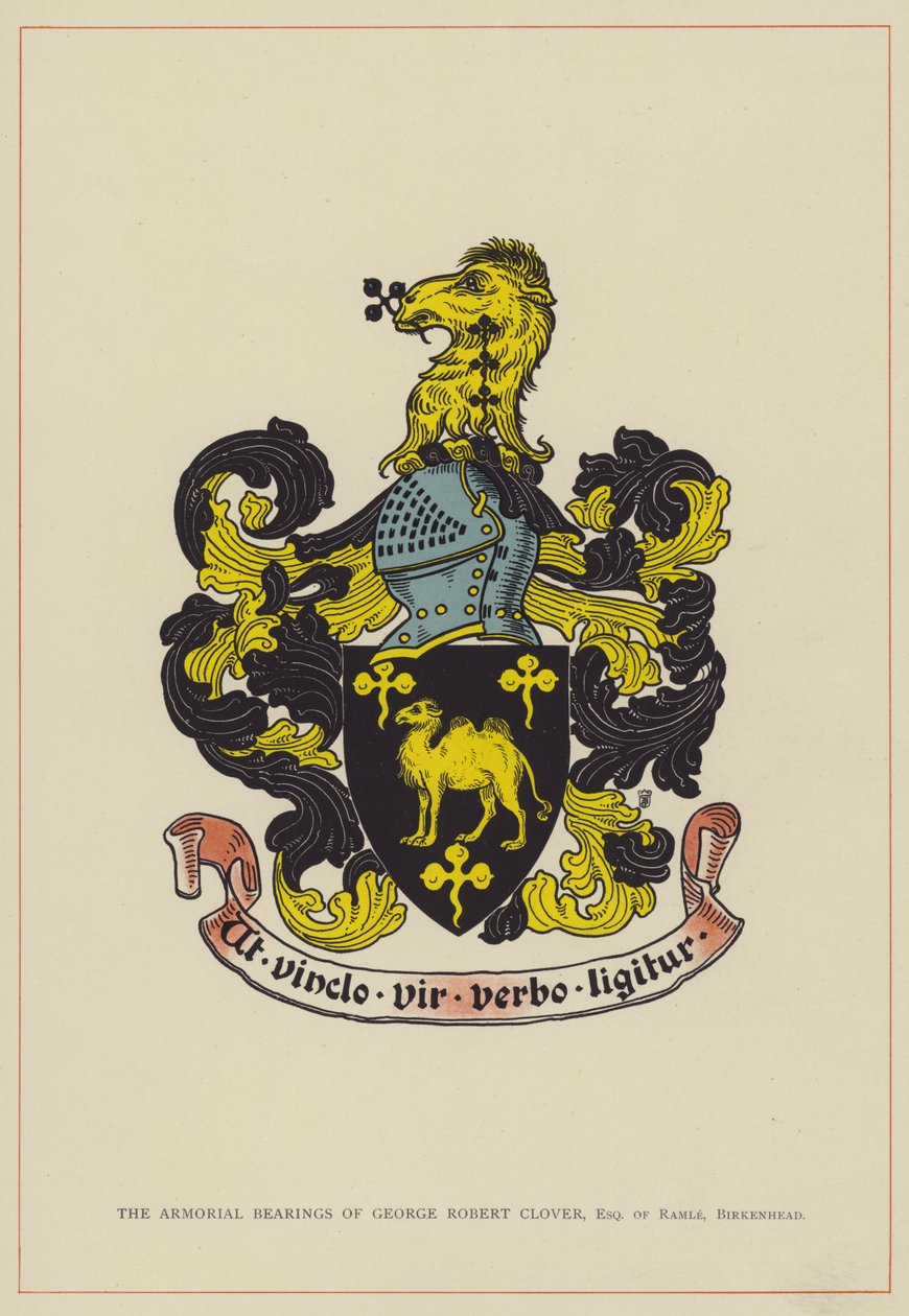 De wapenschilden van George Robert Clover, Esquire van Ramle, Birkenhead (kleurenlitho) door English School