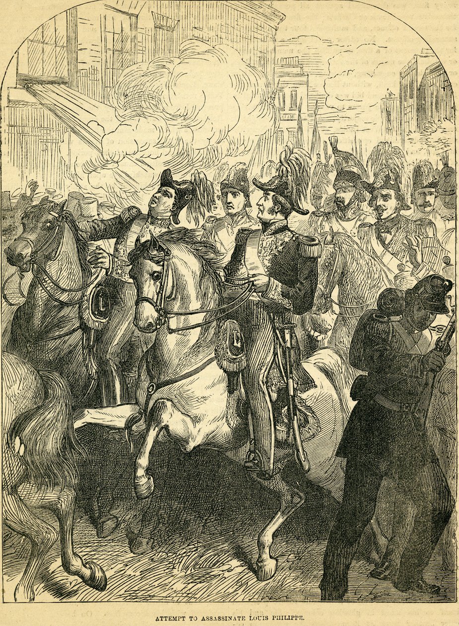 De poging om koning Louis Philippe van Frankrijk te vermoorden, illustratie uit Cassells Geïllustreerde Geschiedenis van Engeland, 1857-1858 door English School