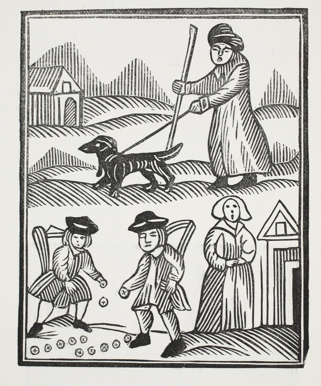 De bedelaar die met zijn hond reist, brengt veel rijkdom mee naar huis om te overleven, waarmee hij de ridder overtreft en zijn kind trouwt tot haar vreugde, illustratie uit Chap-books van de achttiende eeuw door John Ashton, uitgegeven 1882 door English School